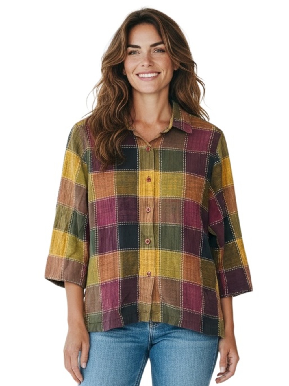 CABIN CREEK Multicolor Patchwork Plaid Button Down Shirt Women’s 3/4 Sleeve Top